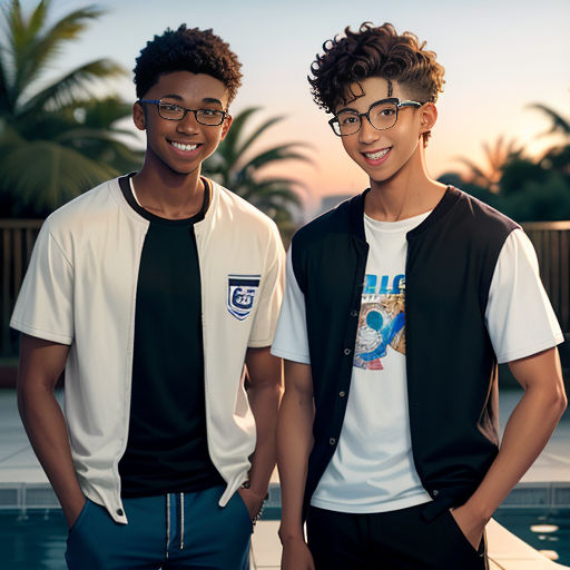 two young men standing next to each other near a pool at sunset or sunset time, with palm trees in the background