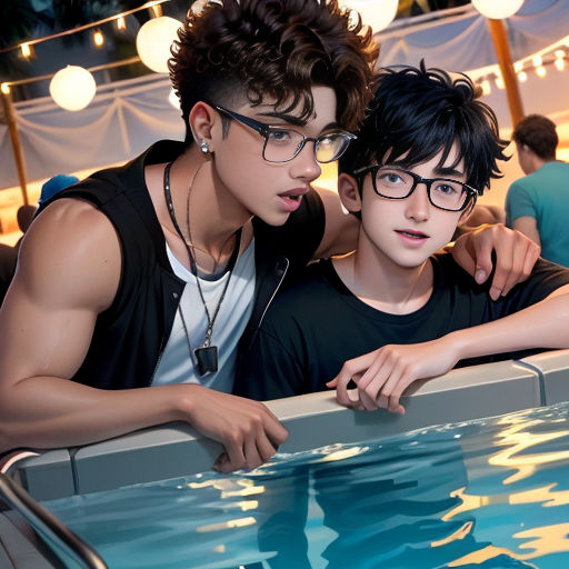 two young men leaning on a ledge in a pool of water with lights strung over them and a tent in the background