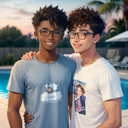 two young men standing next to each other near a pool at sunset with a palm tree in the background
