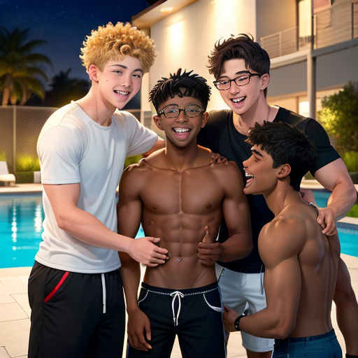 a group of young men standing next to a swimming pool at night time, all smiling and posing for a picture