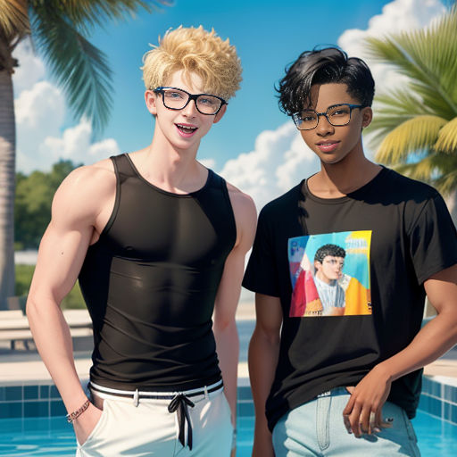 two young men standing next to a swimming pool wearing matching shirts and shorts with a picture of a boy on the front