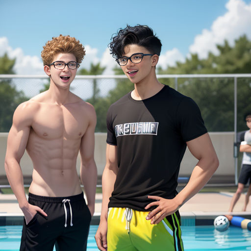 two young men standing next to each other near a swimming pool with a ball in the water and a fence in the background
