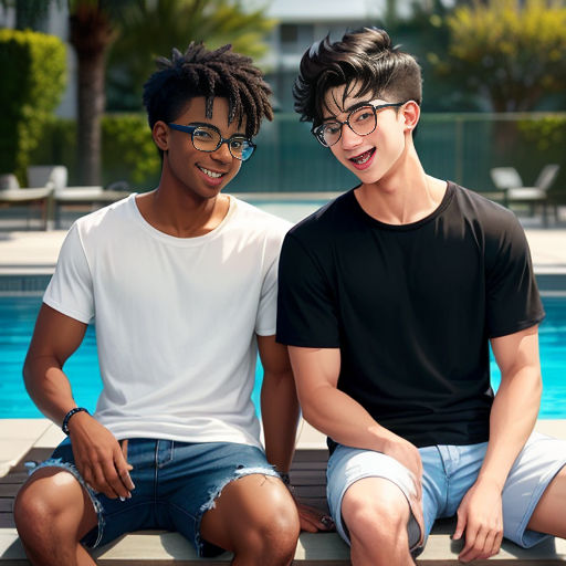 two young men sitting next to each other on a bench near a pool of water and trees, one of them is wearing glasses