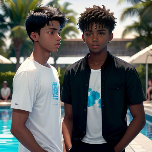 two young men standing next to a swimming pool with palm trees in the background and people sitting in the background