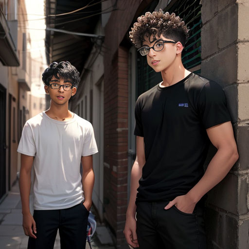 two young men standing next to each other on a sidewalk in front of a building with a wire fence