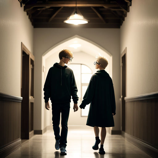 a couple of people walking down a hallway together in a building with a light on above them and a doorway leading to another room