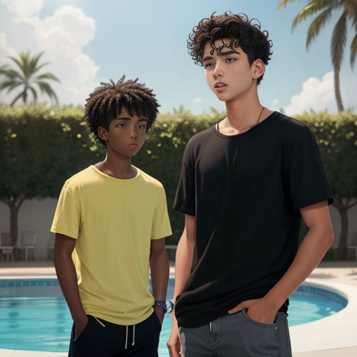 two young men standing next to a pool of water with palm trees in the background and a blue sky