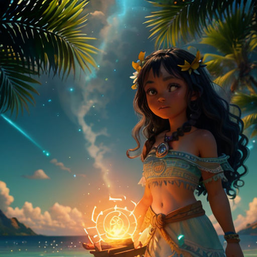 a girl in a dress standing on a beach next to a palm tree and a star filled sky with a bright light