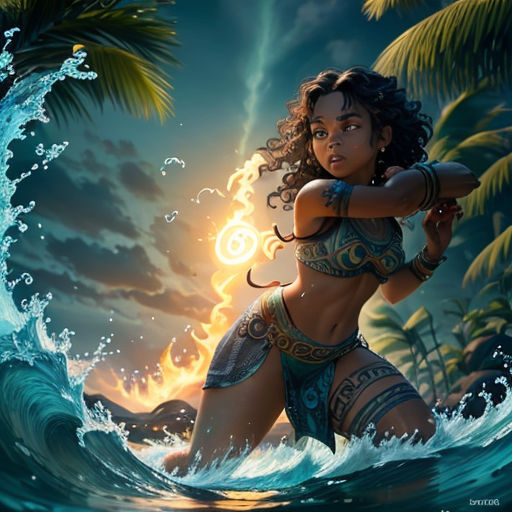 a woman in a bikini standing in the ocean with a sun behind her and a wave behind her,