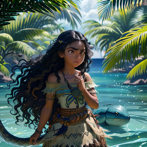 a girl in a dress standing in the water with a snake in her hand and palm trees in the background
