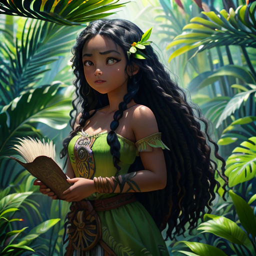 a woman in a green dress holding a book in a jungle with leaves on the ground and a fern behind her