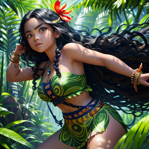 a woman in a bikini and a hula skirt in a jungle with palm trees and leaves around her