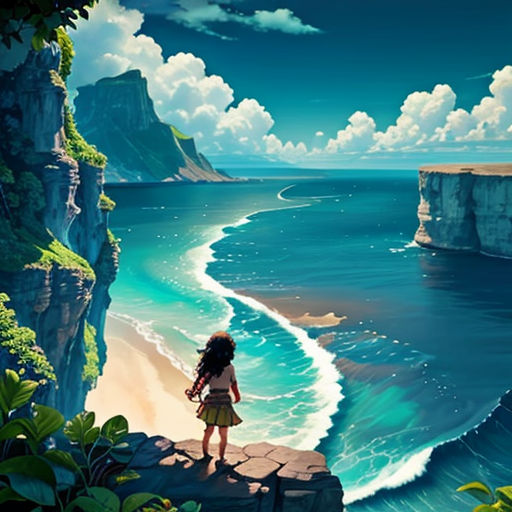 a girl standing on a cliff looking out at the ocean and cliffs with a boat in the water and a cliff with a boat in the water