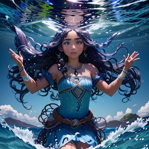 a woman in a blue dress under water with her arms outstretched and hands out to the side of her body