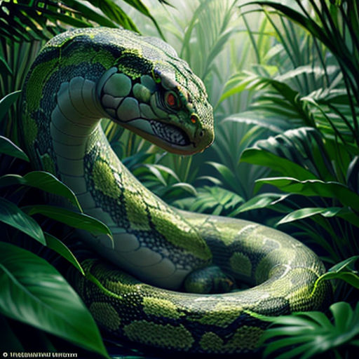 a green snake is in the middle of a jungle with leaves and plants around it, with a red eye