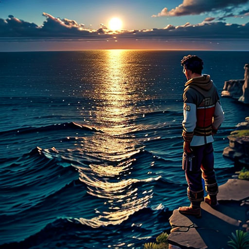 a man standing on a cliff looking out at the ocean at sunset with the sun setting over the water