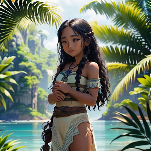 a girl in a dress standing in front of a lake with palm trees and a jungle background, with a blue sky