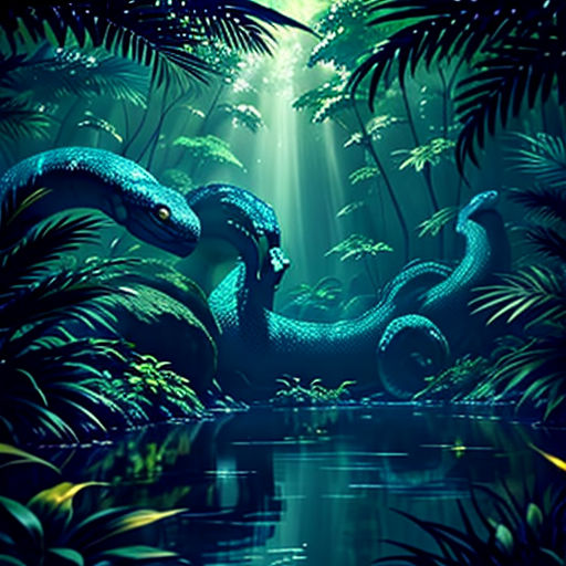 a painting of a snake in the jungle with a light shining down on it's head and head