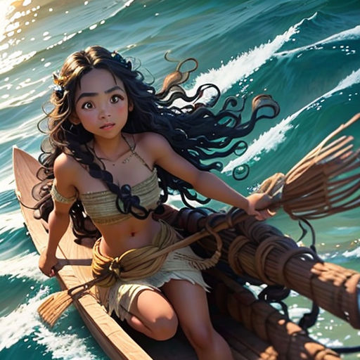 a woman in a bikini is sitting on a boat in the water with a long tail and a large long tail