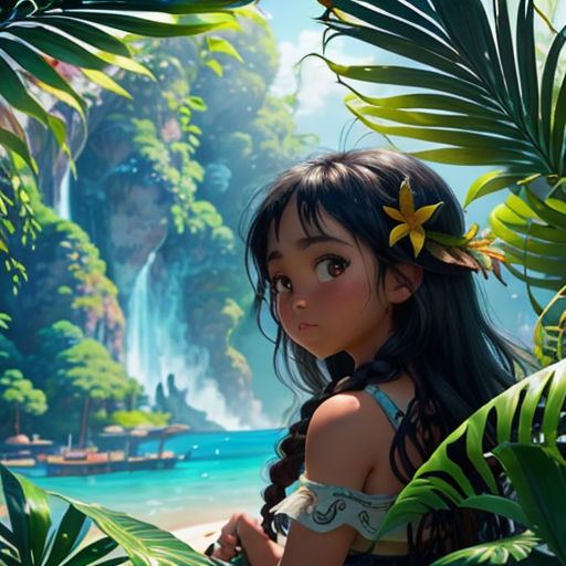 a girl standing in the jungle looking at a waterfall and a waterfall behind her is a waterfall and a jungle