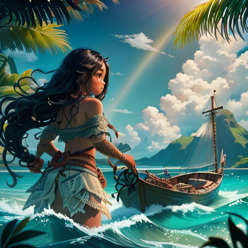 a woman in a bikini standing in the ocean next to a boat with a rainbow in the background and a rainbow in the sky