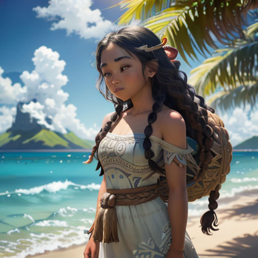 a girl in a dress on a beach with a palm tree in the background and a blue sky with clouds