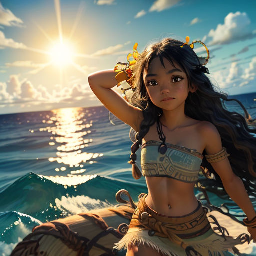 a girl in a bikini is standing on a surfboard in the ocean with a sun in the background