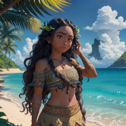 a woman in a bikini standing on a beach next to the ocean with a palm tree in her hand
