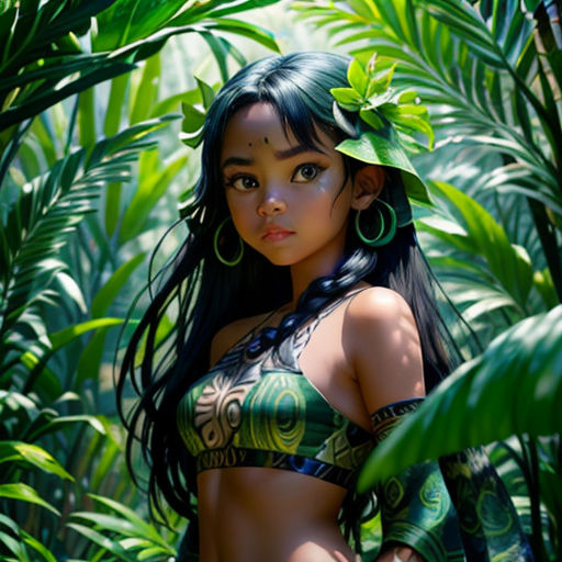 a woman in a bikini standing in a jungle with green leaves on her head and a green leaf in her hair