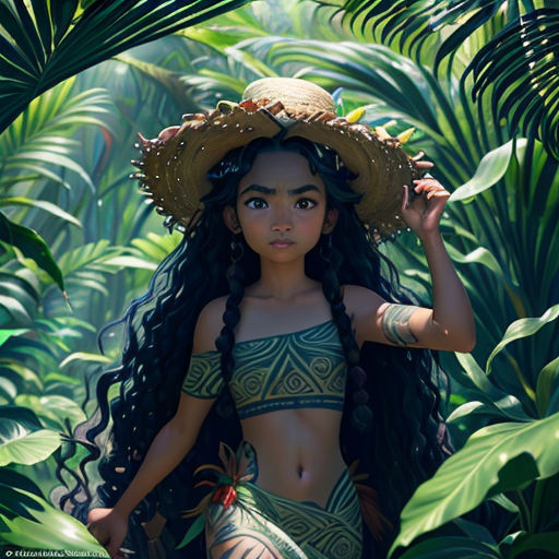 a girl in a bikini and hat walking through a jungle with leaves on her head and a bird on her shoulder