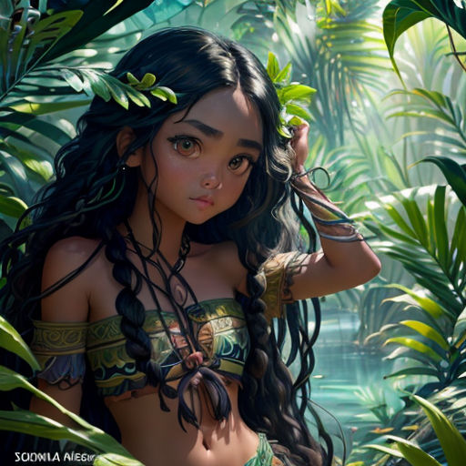 a girl with long hair and tattoos standing in a jungle with leaves on her head and a green shirt on