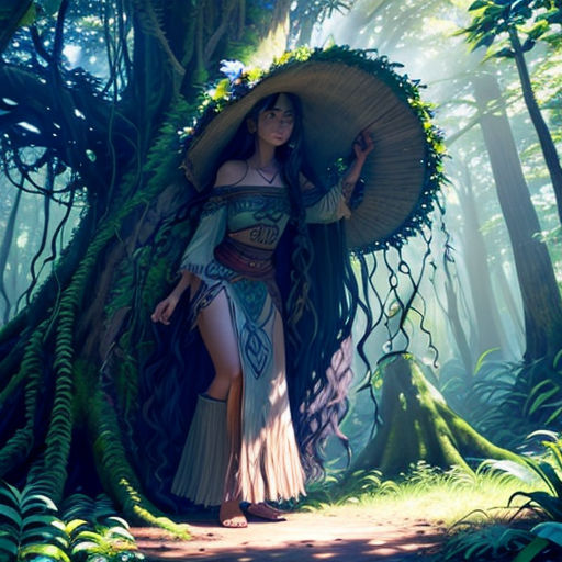 a woman in a dress and umbrella in the woods with trees and plants on her head and a large umbrella over her head