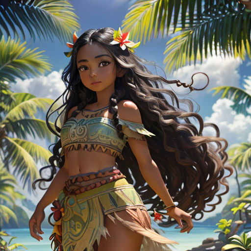 a girl in a hula skirt standing in the jungle with palm trees in the background and a blue sky