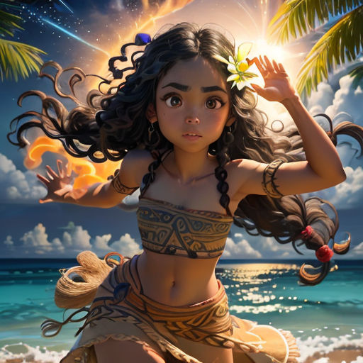 a girl in a bikini on the beach with a flower in her hair and a star in her hair