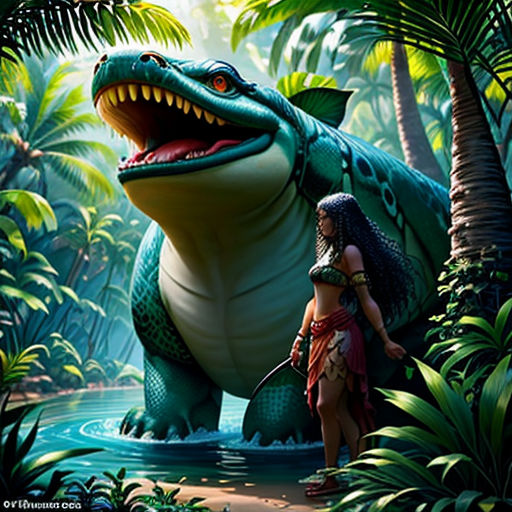 a woman standing next to a large dinosaur in a jungle with palm trees and water in the background, with a large alligator in the foreground