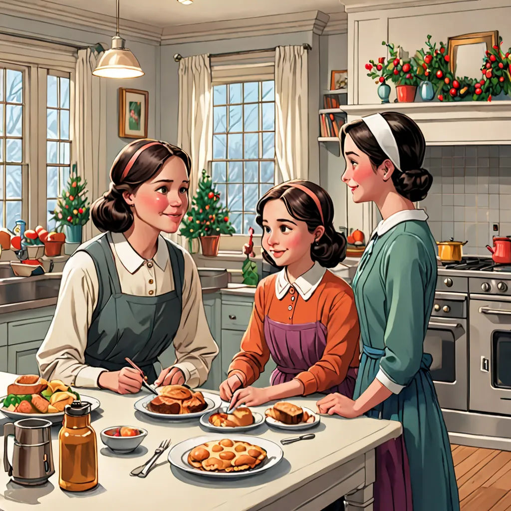a painting of three women in a kitchen preparing food for a meal with a child on the table and a woman standing at the counter, american scene painting, a storybook illustration, Brothers Hildebrandt, kinkade