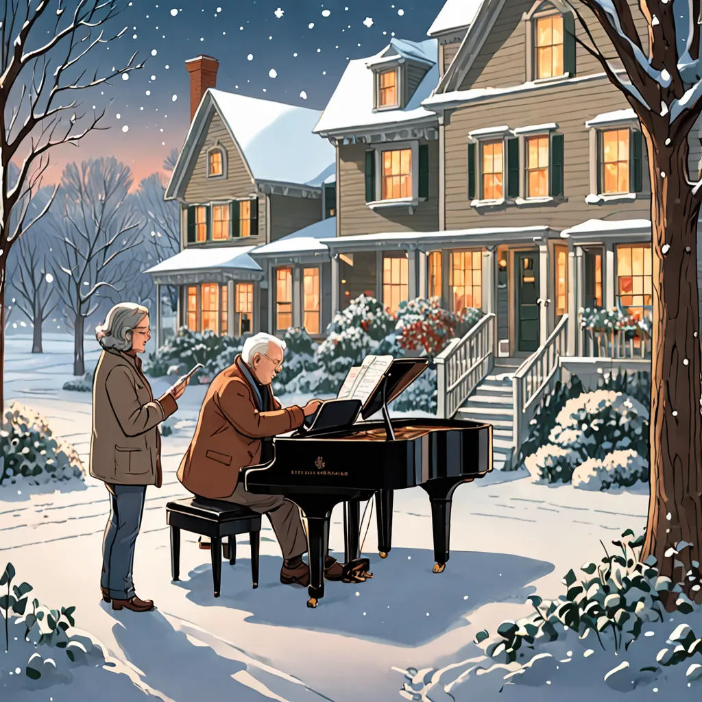 a man and woman playing a piano in front of a house in the snow at night with a snow covered yard, american impressionism, a storybook illustration, Ernest William Christmas, official art
