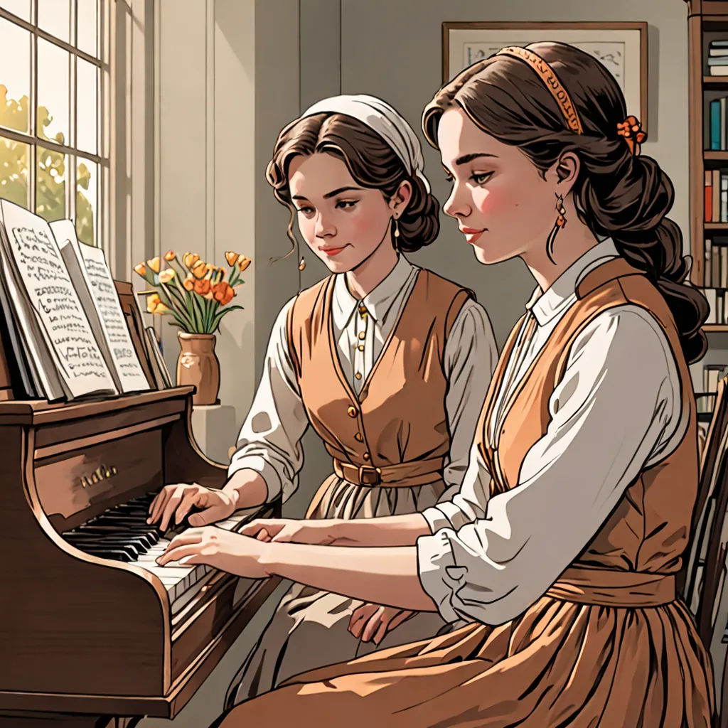 two women in dresses playing a piano in a room with a window and a vase of flowers on the table, arts and crafts movement, a comic book panel, Anne Said, comic cover art
