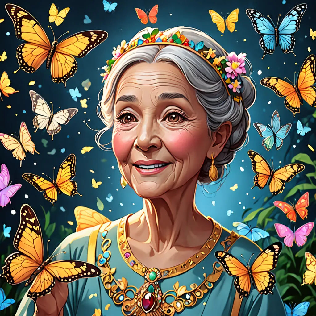a woman with a crown of butterflies around her head and a blue background with butterflies around her head and a blue sky with a few butterflies, magical realism, a character portrait, Constance Gordon-Cumming, highly detailed digital painting