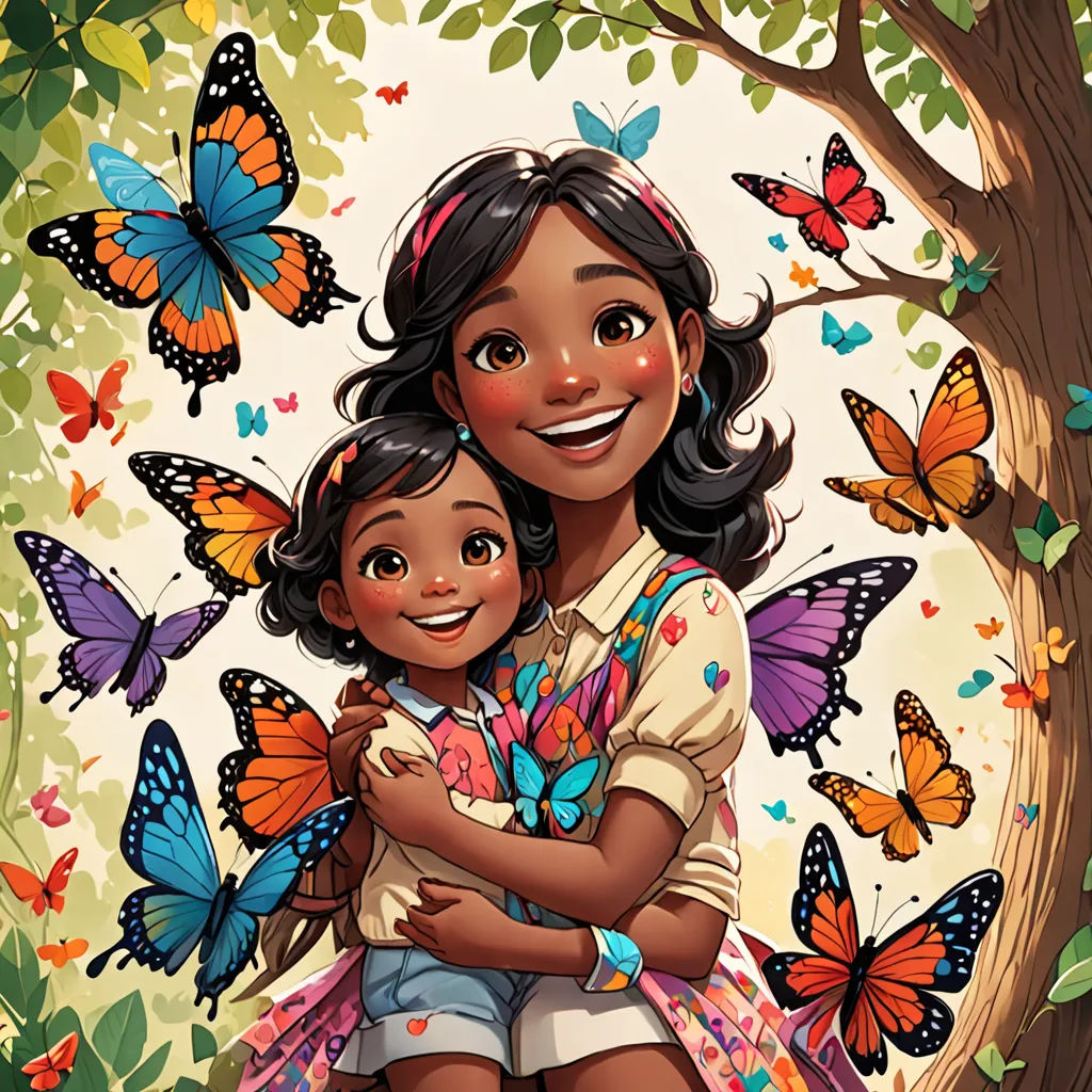 a painting of a girl hugging a girl in a field of butterflies with a tree in the background and a butterfly - filled sky, magical realism, a storybook illustration, Ella Guru, comic cover art