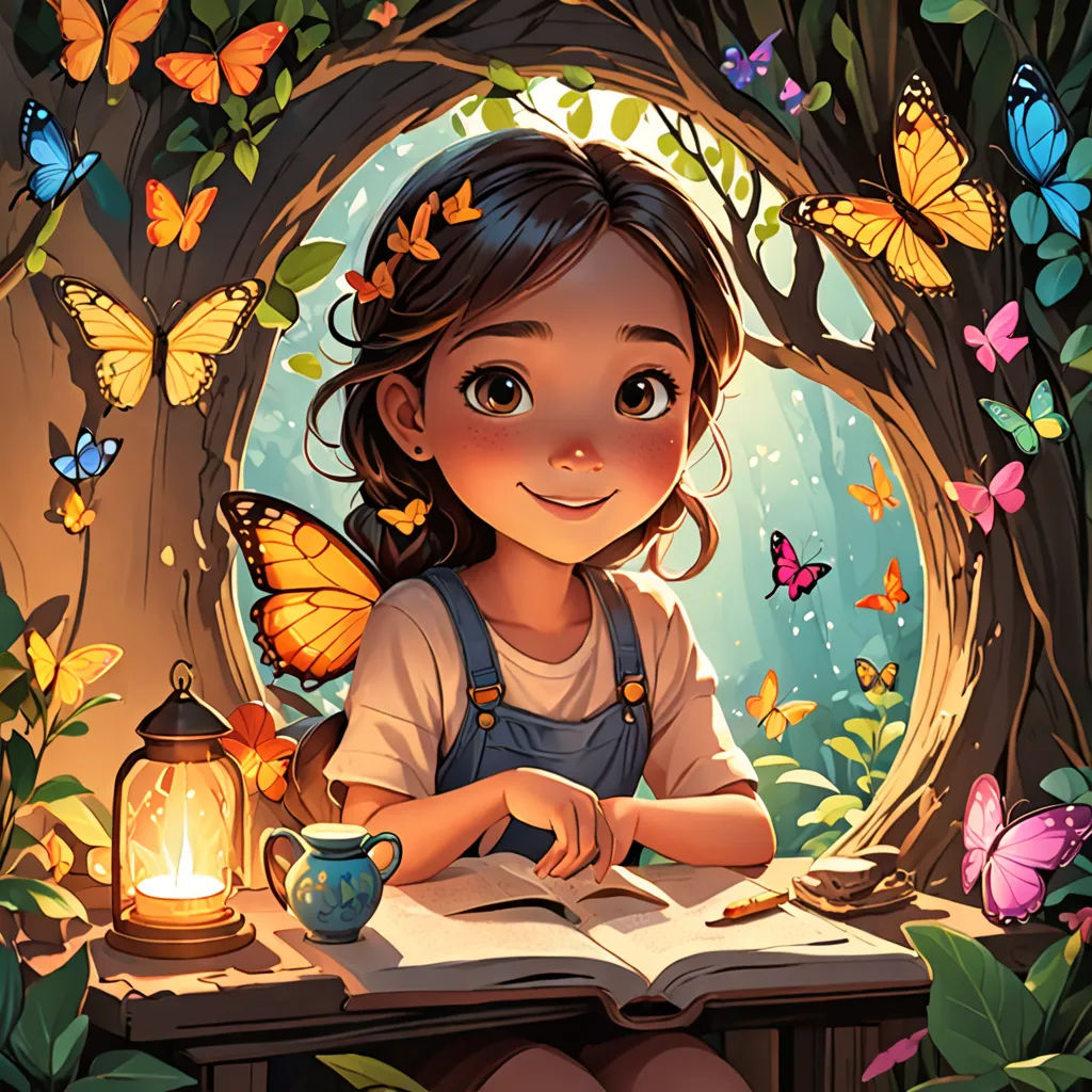 a girl sitting at a table with a book and a lantern in front of her and butterflies around her, fantasy art, a storybook illustration, Cyril Rolando, trending on art station
