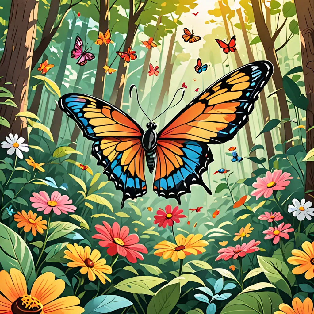 a butterfly flying over a forest filled with flowers and butterflies on a sunny day with a sunbeam in the background, magical realism, a storybook illustration, Dan Mumford, josan gonzales and dan mumford