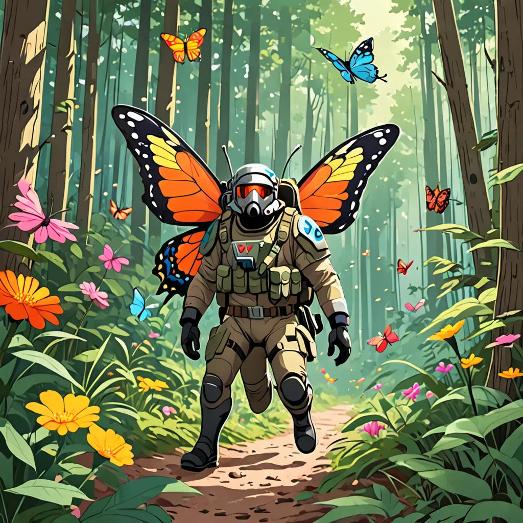 a man in a gas mask and butterfly wings walking through a forest with butterflies around him and a butterfly on his back, environmental art, an album cover, Dan Mumford, josan gonzales and dan mumford