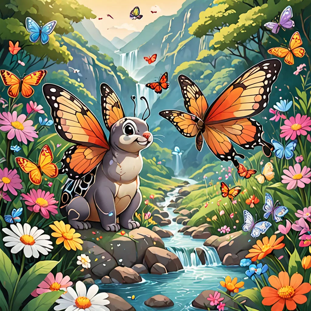 a painting of a butterfly and a bunny in a forest with flowers and a stream of water surrounded by butterflies, fantasy art, a storybook illustration, Chris LaBrooy, kinkade