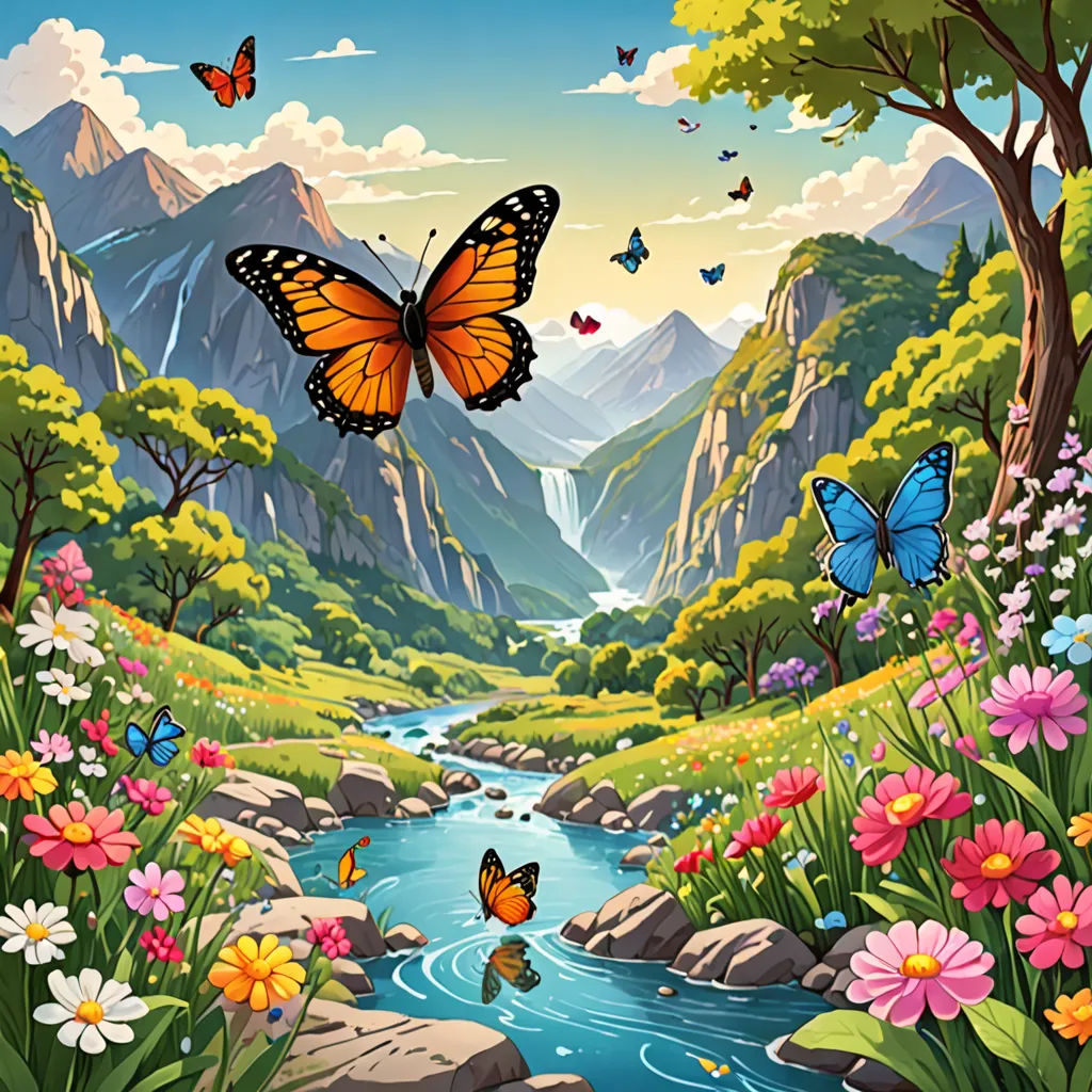 a painting of a river and butterflies in a mountain landscape with flowers and trees, and a stream running through the center of the picture, magic realism, a storybook illustration, Dan Mumford, nature