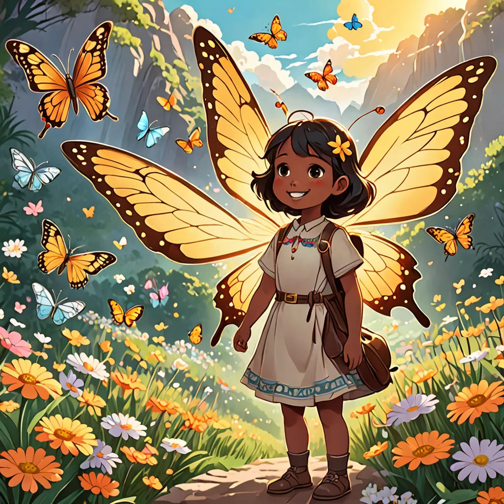 a cartoon girl with a butterfly wings and a backpack on a path surrounded by flowers and butterflies in the background, fantasy art, a storybook illustration, Cliff Childs, official art