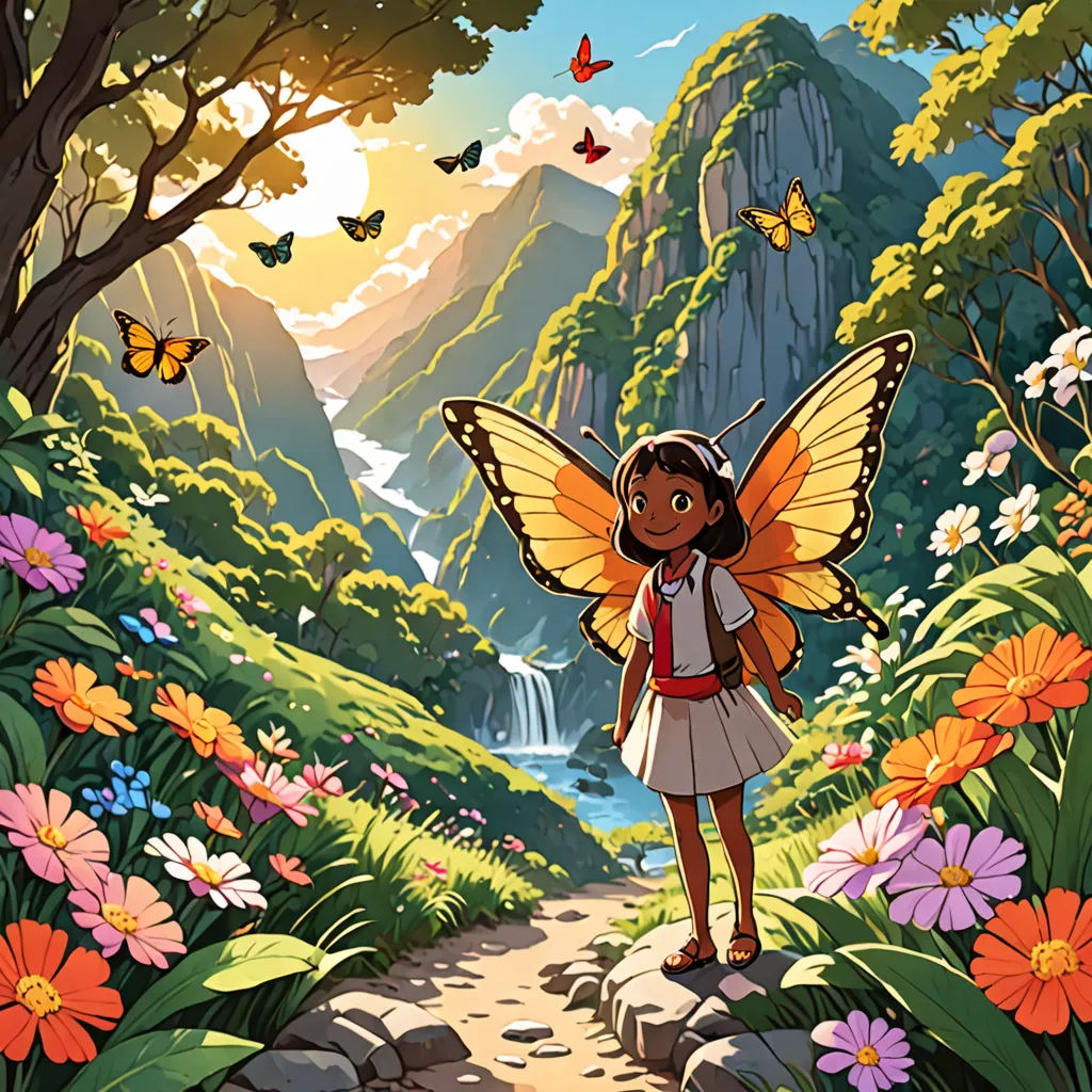 a cartoon girl with a butterfly wings standing on a path in a forest with flowers and butterflies around her, magical realism, a storybook illustration, Cliff Childs, official art