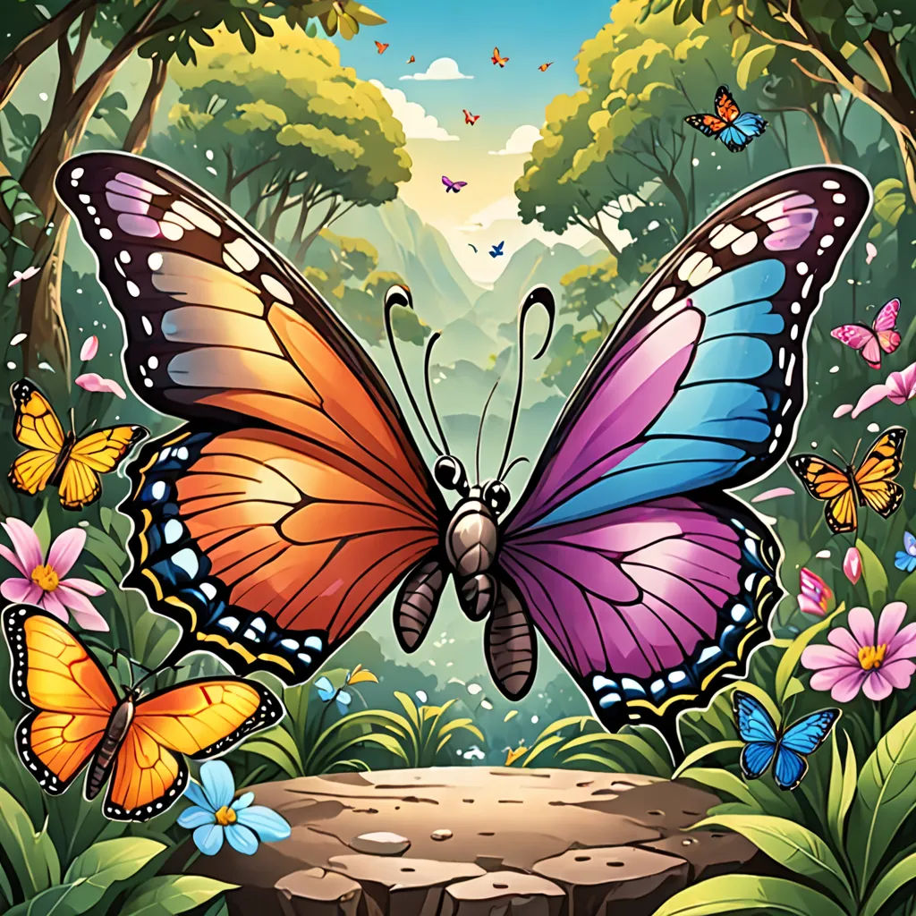 a butterfly with many colors flying over a forest with flowers and trees in the background, with a hole in the ground, magic realism, a storybook illustration, Anne Stokes, highly detailed digital art
