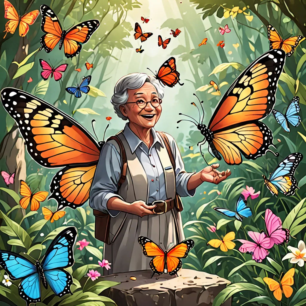 a woman with a butterfly on her shoulder and butterflies around her shoulders, in a forest with butterflies surrounding her, magical realism, a character portrait, Chris LaBrooy, official art