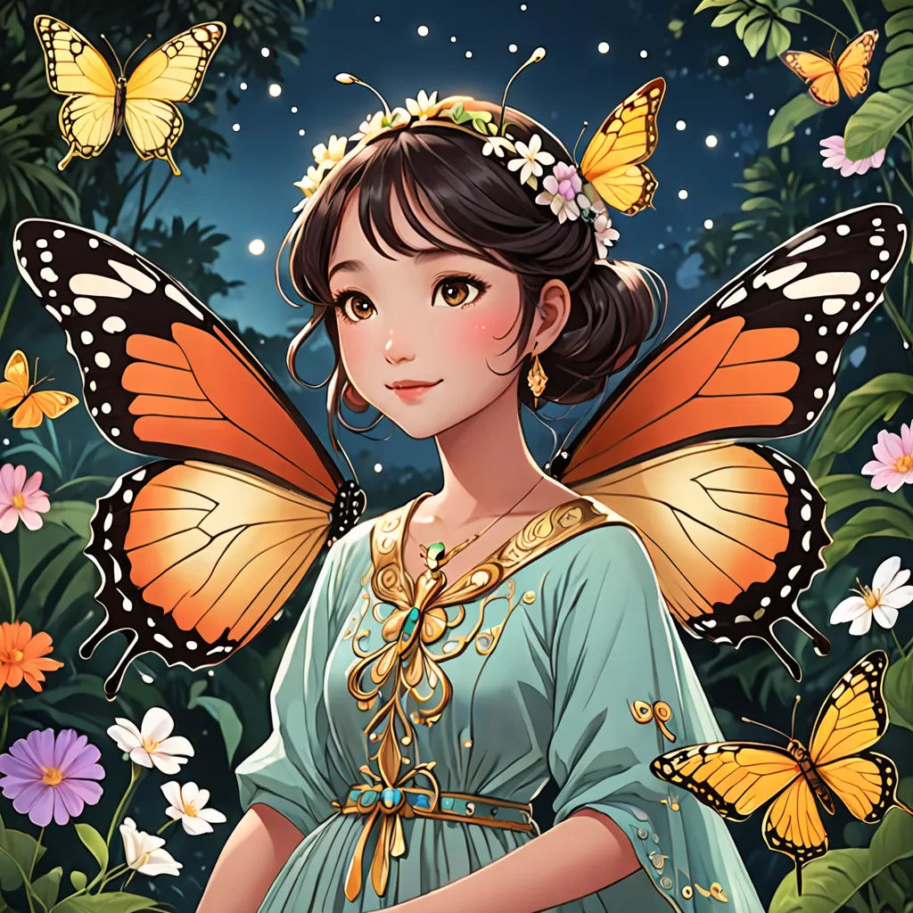 a girl with butterflies on her head and a butterfly in her hair, standing in a field of flowers, fantasy art, a character portrait, Chen Hong, beautiful detailed